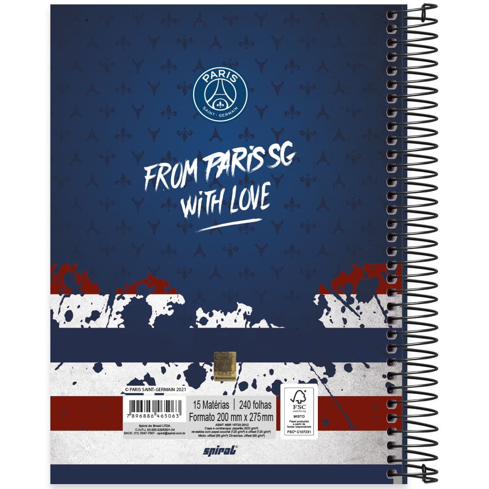 Caderno universitário capa dura 15x1 240 folhas Paris Saint Germain