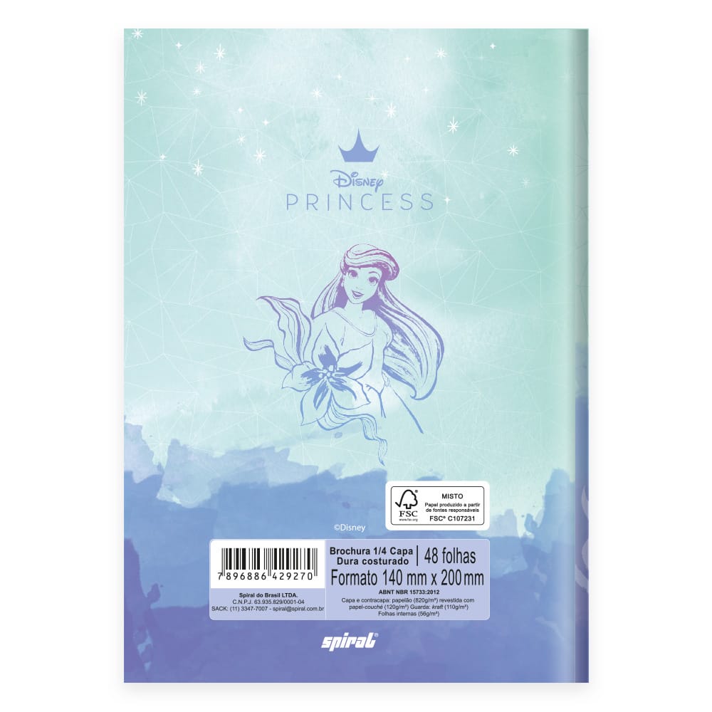 Caderno 1 4 Capa Dura Costurado 48 Folhas Disney Princesas Ariel