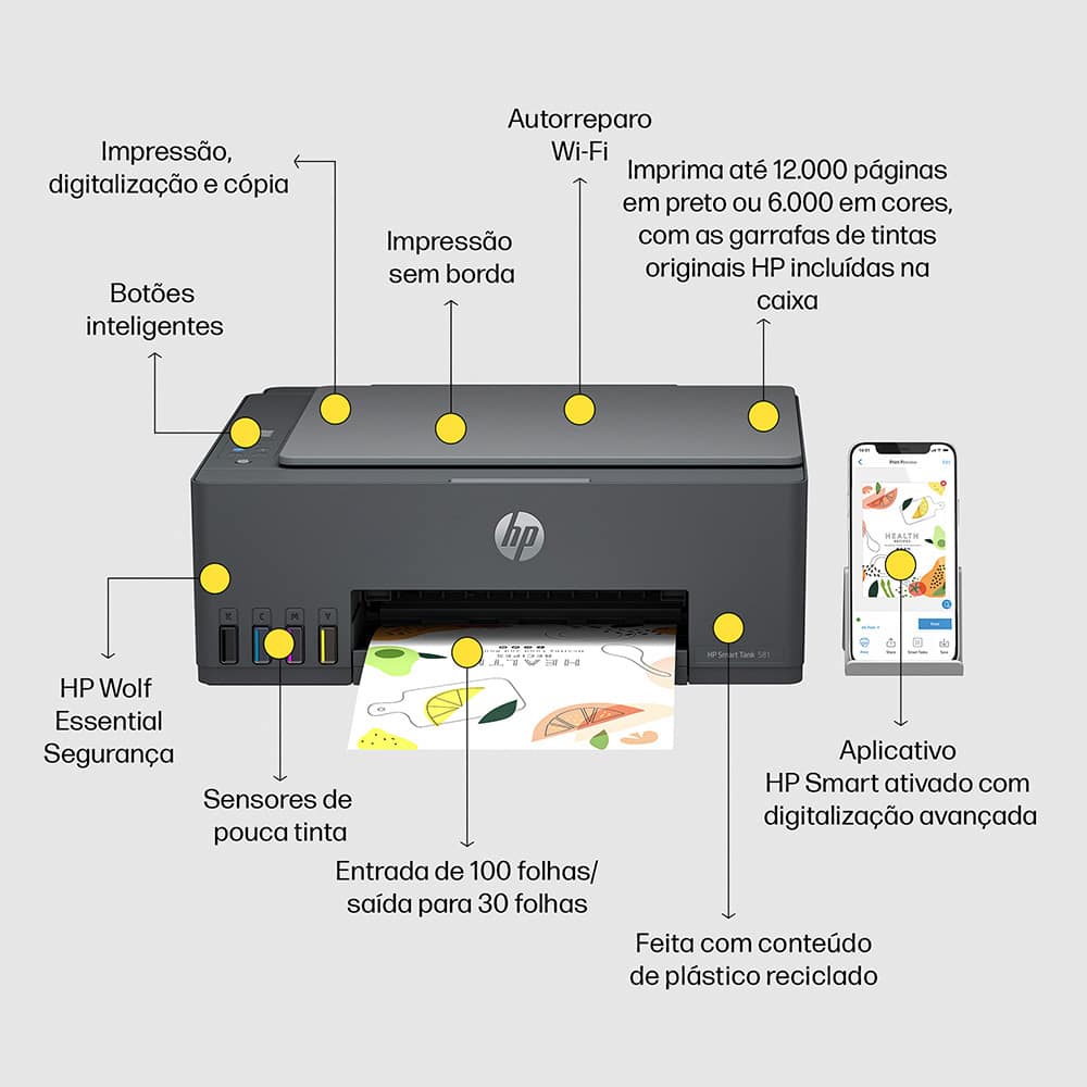 Impressora Multifuncional HP Smart Tank 581 Colorida Wi fi Conexão