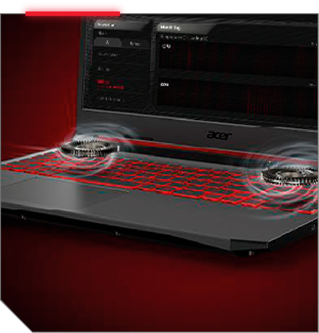 Notebook Acer Nitro 5 com tampa aberta, virado à esquerda, teclado iluminado em vermelho, duas ventoinhas sobre o teclado.