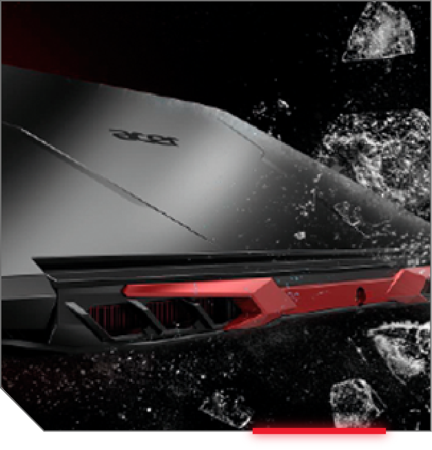 Notebook Acer Nitro 5, detalhe visual da traseira e tampa, com pedras de gelo e água ao lado.