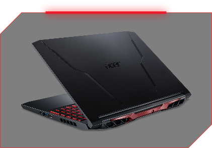 Notebook Acer Nitro 5 vista traseira e à esquerda, tampa semi-aberta, teclado iluminado em vermelho.