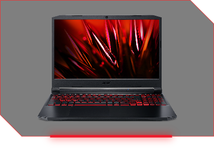 Notebook Acer Nitro 5 visto de cima, tampa aberta, teclado iluminado em vermelho.