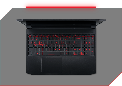 Note Acer Nitro 5 virado à esquerda, tampa aberta, teclado iluminado em vermelho, desenho de cristais vermelhos na tela.