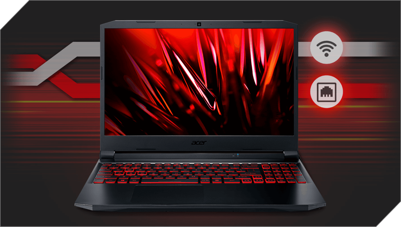 Notebook Acer Nitro 5 vista frontal, teclado iluminado em vermelho, desenho de cristais vermelhos na tela.