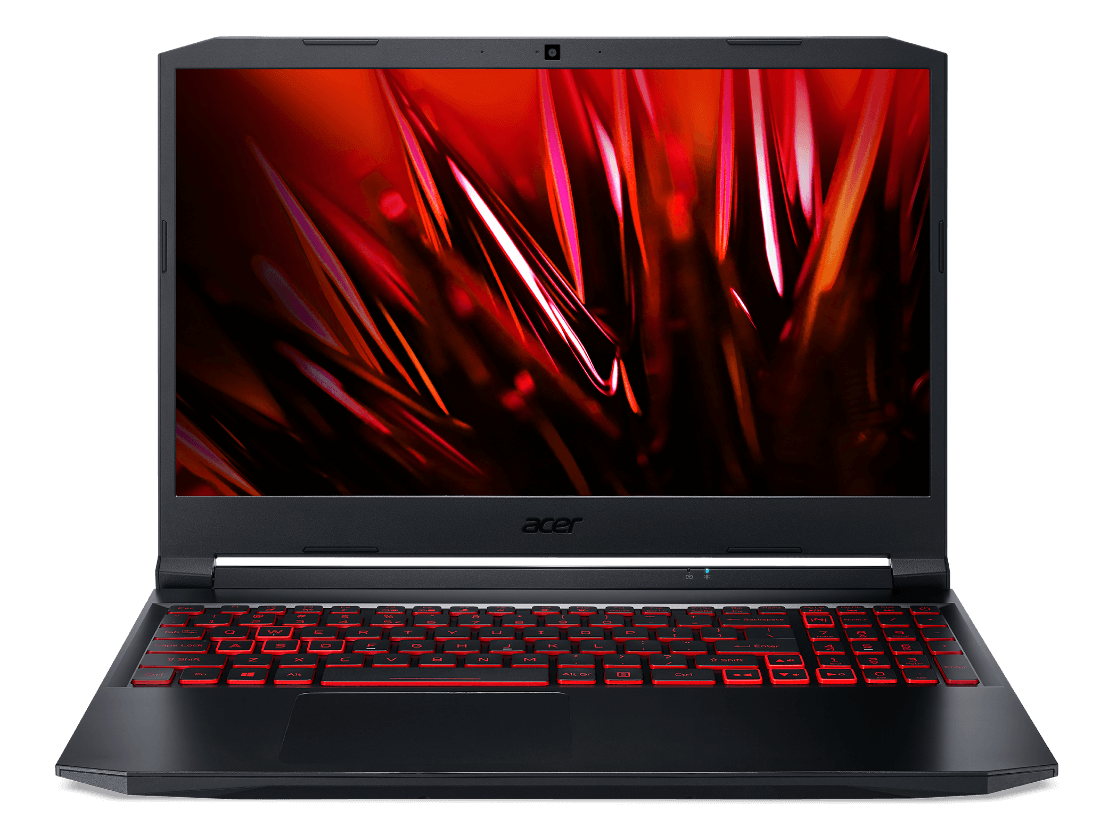 Notebook Acer Nitro 5 vista frontal, teclado iluminado em vermelho, desenho de cristais vermelhos na tela.