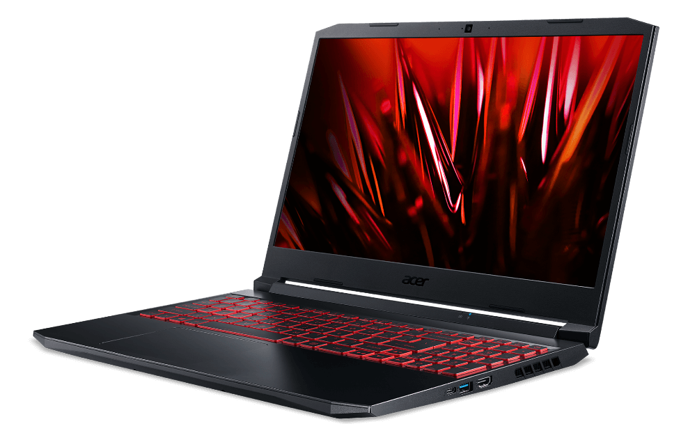 Note Acer Nitro 5 virado à esquerda, tampa aberta, teclado iluminado em vermelho, na tela, cristais vermelhos.