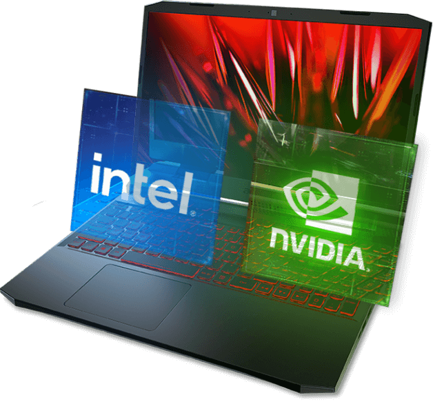 Notebook Acer Nitro 5, imagem de cristais na tela, sobre o teclado, logos tridimensionais da intel, azul e da nvidia, verde.