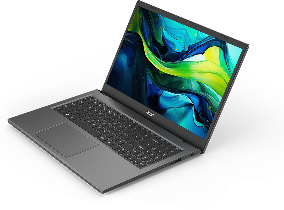 Notebook Acer Aspire 5 aberto em mais de 90°, virado para sudoeste.