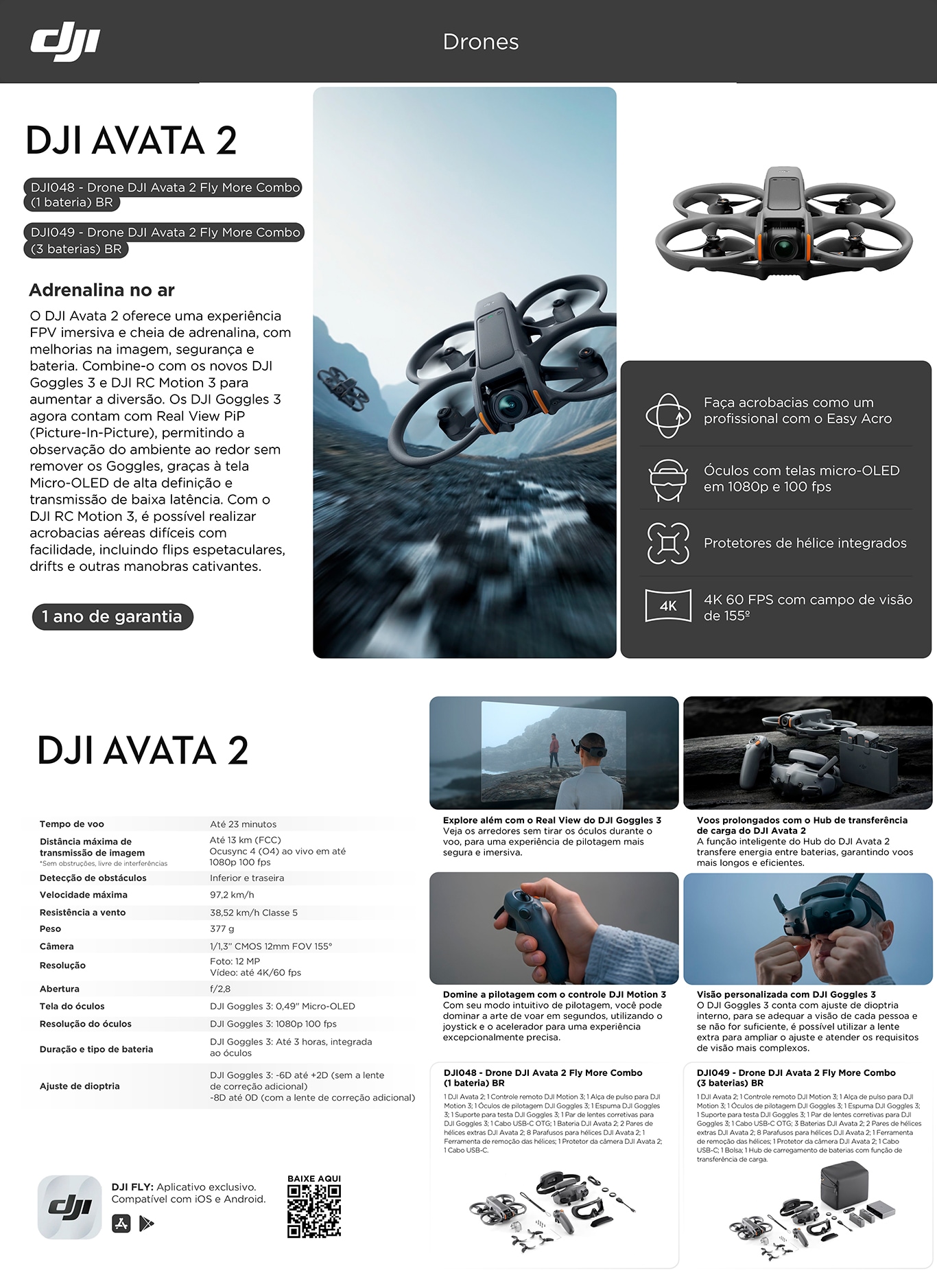 Drone Avata 2, Fly More Combo, br Homologado Anatel, DJI049, DJI - CX 1 UN