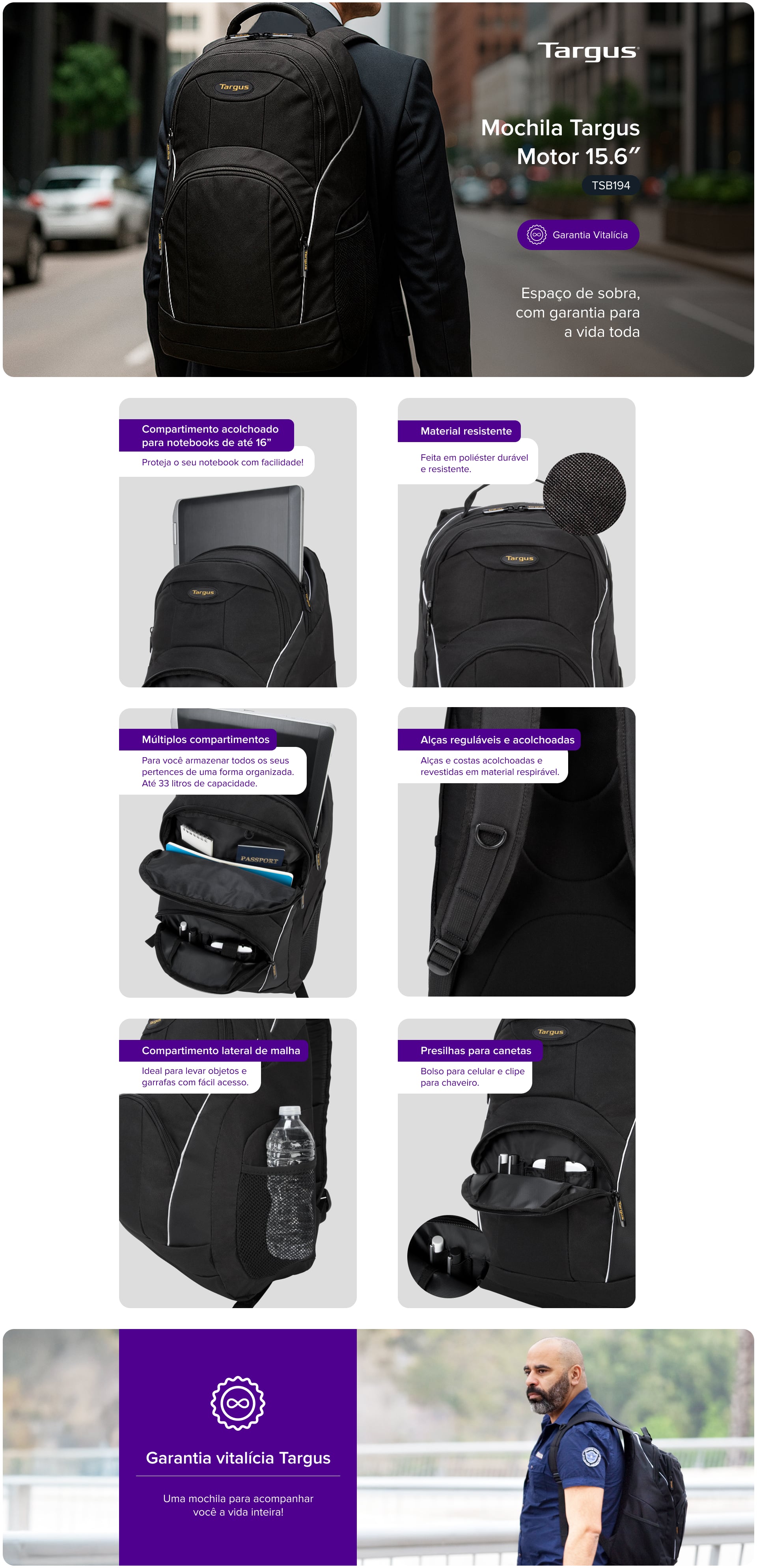Mochila para notebook até 16, em poliéster, Motor, Preta, TSB194, Targus