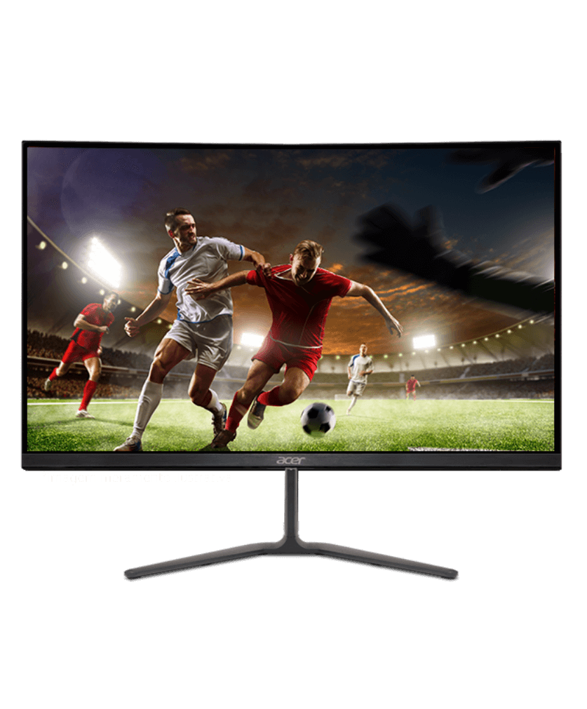 Monitor Acer com imagem de jogo de futebol na tela, onde jogador está de frente com goleiro.