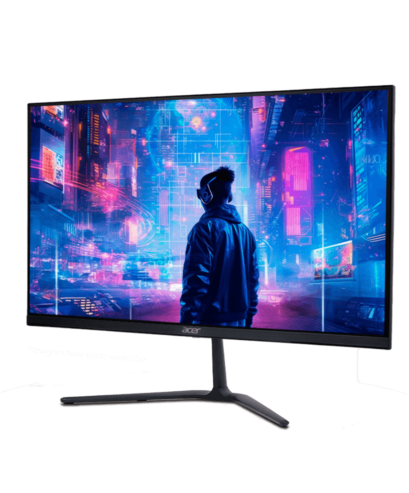 Monitor Acer, na tela pessoa de costas que parece imersa em um um mundo 3D de jogo.