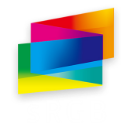 Logo com quadrados coloridos sobrepostos e texto em branco sRGB.