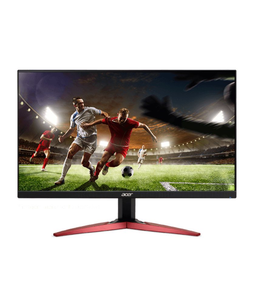 Monitor Acer com imagem de jogo de futebol na tela, onde jogador está de frente com goleiro.