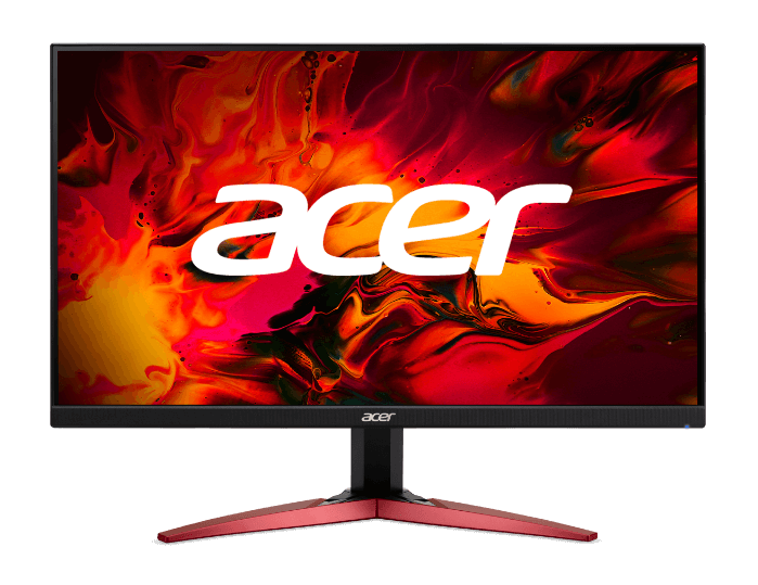 Monitor Acer virado levemente à esquerda, imagem abstrata em azul e vermelho na tela