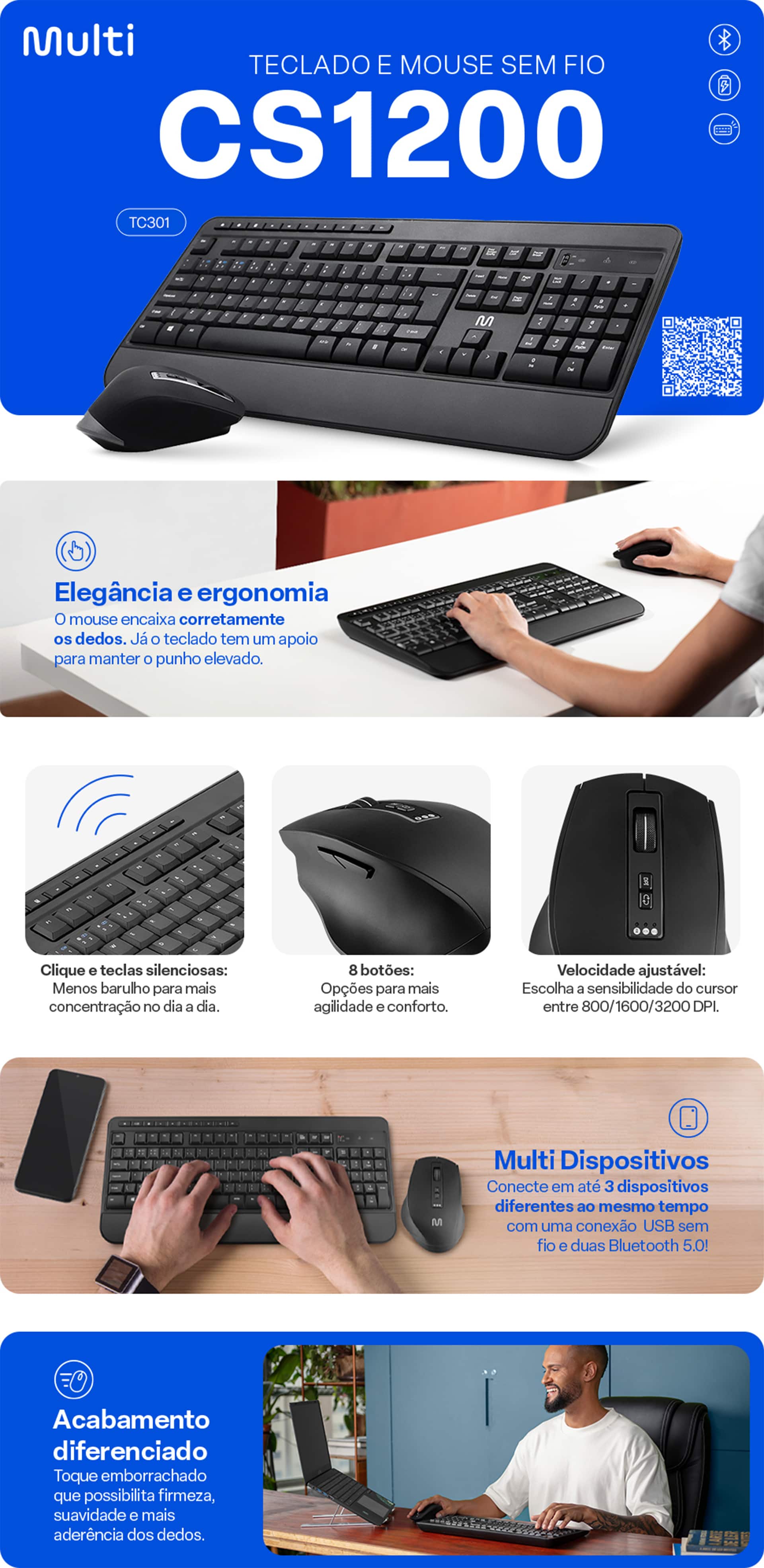 Kit Teclado e Mouse sem Fio, Wireless e Bluetooth, Padrão ABNT2, Preto, CS1200, TC301, Multi -