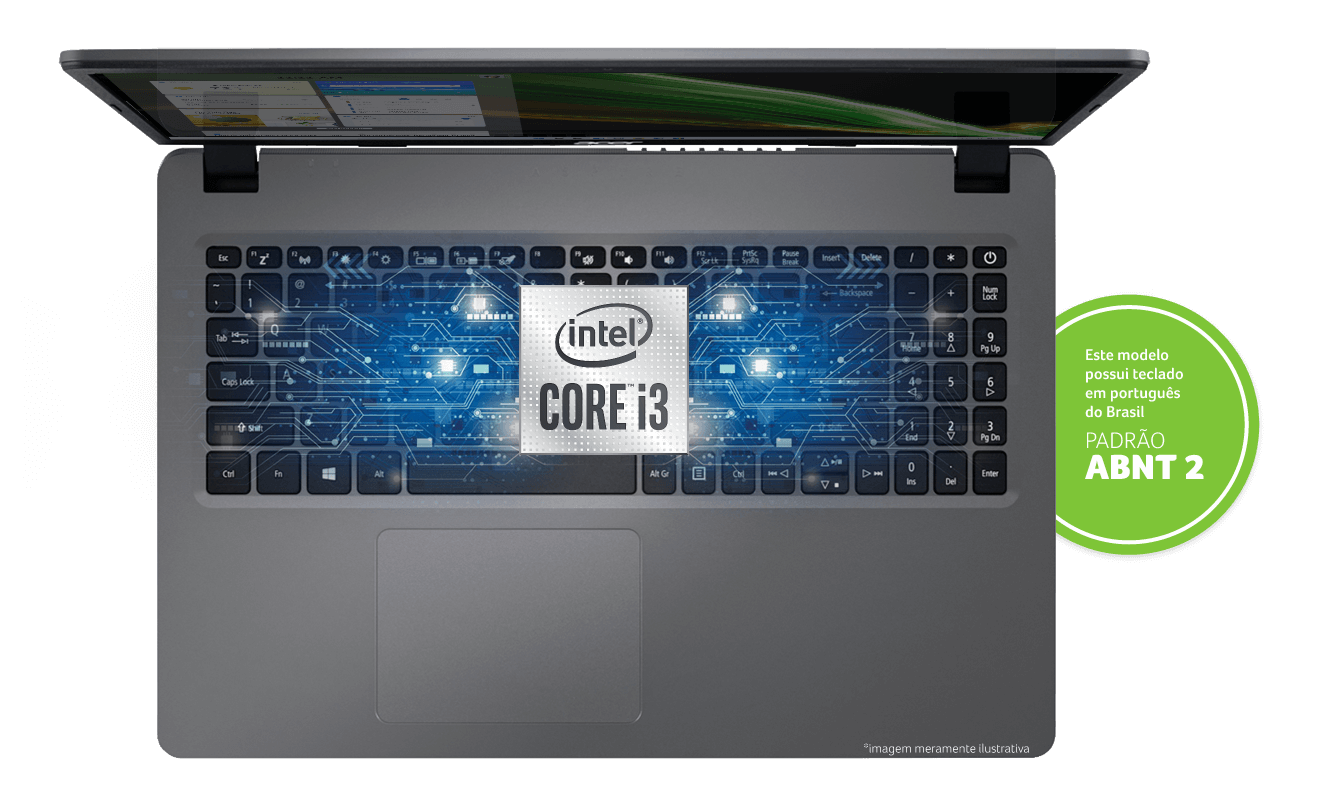 Notebook A315-56-3478 e selo Intel® Core™ i3