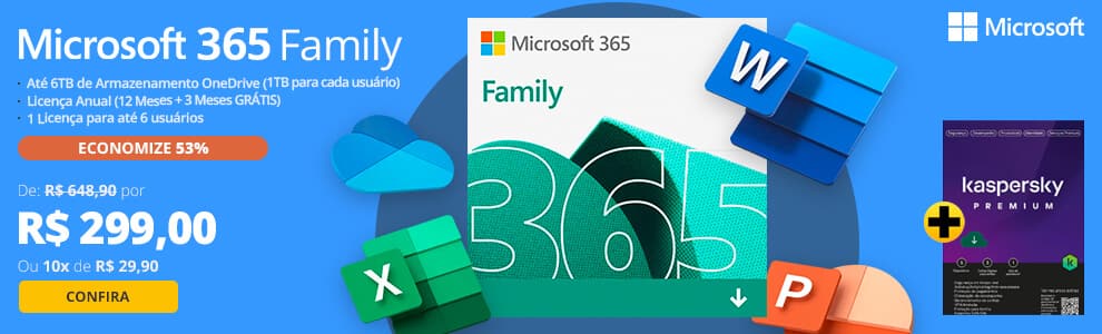  Microsoft 365 Family 1 licença para até 6 usuários Assinatura 15 meses e Kaspersky Antivírus Premium para 5 dispositivos Licença 12 meses - Digital para DOWNLOAD 1 UN