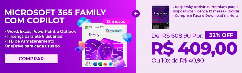 Microsoft 365 Family com Copilot: 1 licença para até 6 usuários Assinatura 12 meses e Kaspersky Antivírus Premium para 5 dispositivos Licença 12 meses - Digital para DOWNLOAD 1 UN*