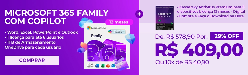 Microsoft 365 Family com Copilot: 1 licença para até 6 usuários Assinatura 12 meses e Kaspersky Antivírus Premium para 5 dispositivos Licença 12 meses - Digital para DOWNLOAD 1 UN*