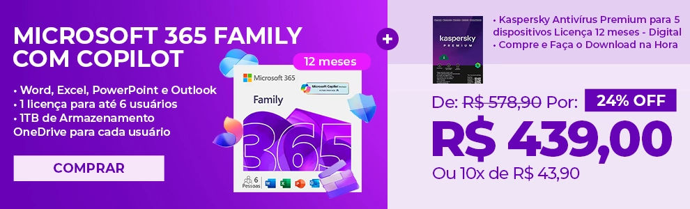 Microsoft 365 Family com Copilot: 1 licença para até 6 usuários Assinatura 12 meses e Kaspersky Antivírus Premium para 5 dispositivos Licença 12 meses - Digital para DOWNLOAD 1 UN*