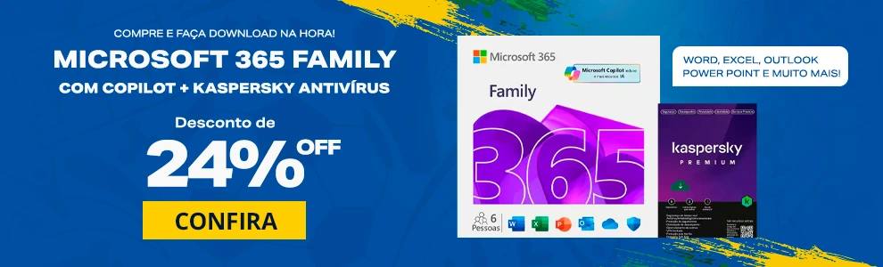 Microsoft 365 Family com Copilot: 1 licença para até 6 usuários Assinatura 12 meses e Kaspersky Antivírus Premium para 5 dispositivos Licença 12 meses - Digital para DOWNLOAD 1 UN*