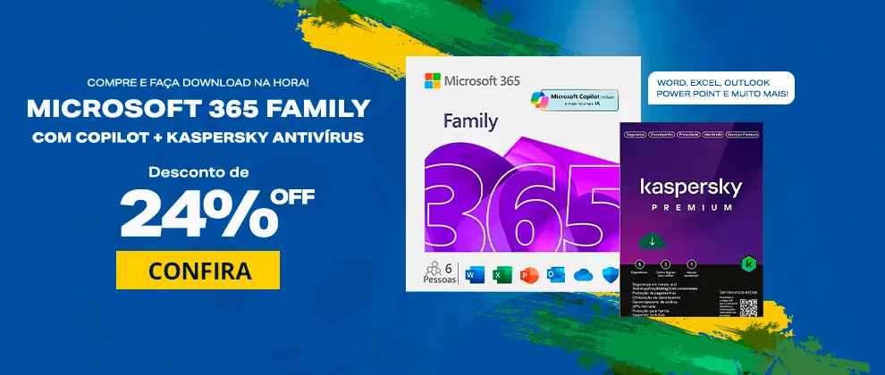Microsoft 365 Family com Copilot: 1 licença para até 6 usuários Assinatura 12 meses e Kaspersky Antivírus Premium para 5 dispositivos Licença 12 meses - Digital para DOWNLOAD 1 UN*