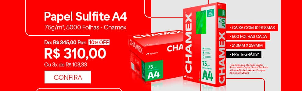 Papel Sulfite A4, 75g, 210mmx297mm, Caixa com 10 resmas - 5000 Folhas, Chamex