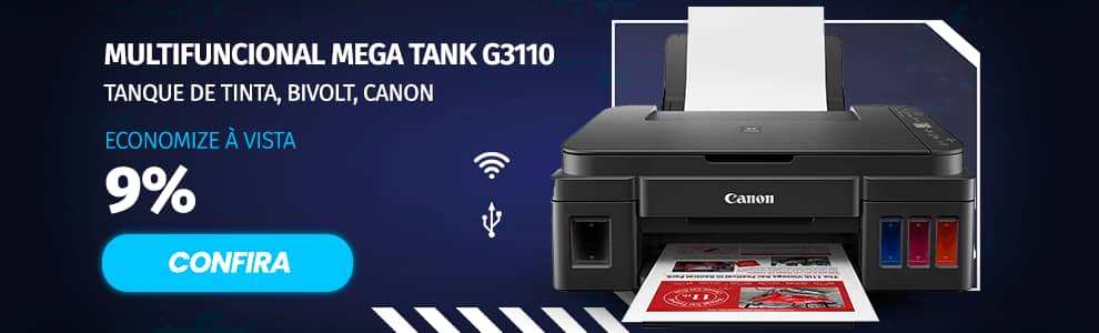 Impressora Multifuncional tanque de tinta Mega Tank G3110, Colorida, Wi-fi, Conexão USB, Bivolt, Canon