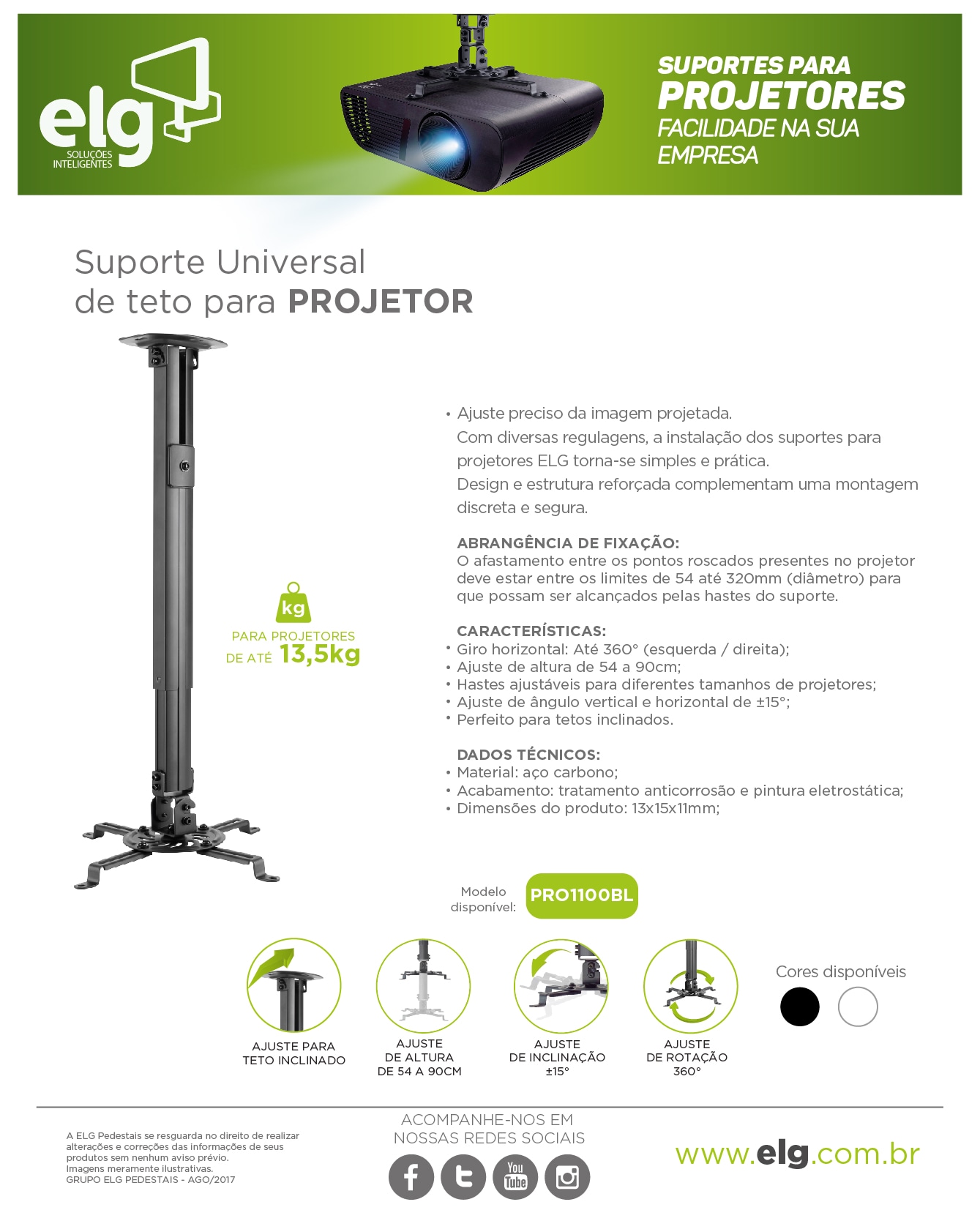 Suporte de teto p/projetor c/ajuste de altura PRO1100B Elg 