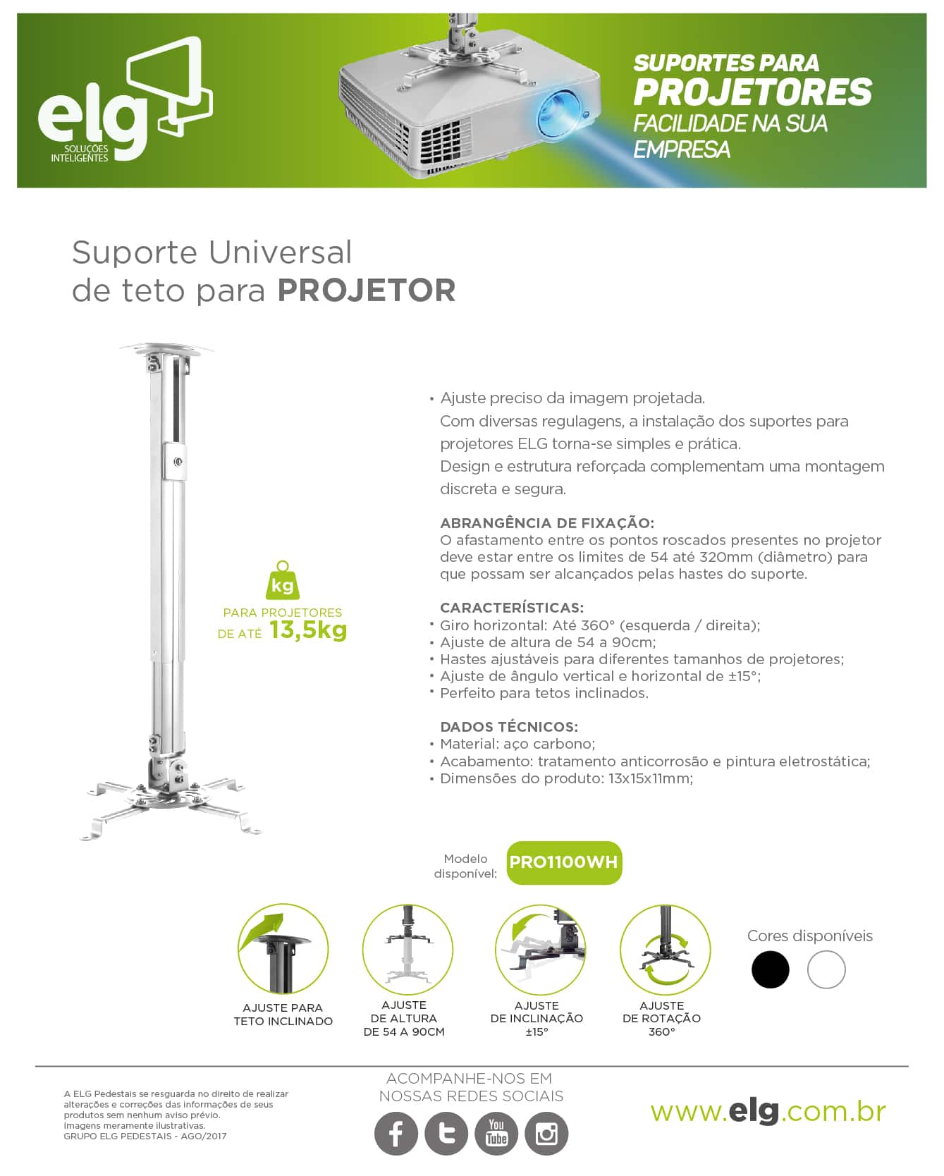 Suporte de Teto para Projetor com regulagem em até 90cm branco - PRO1100WH -ELG