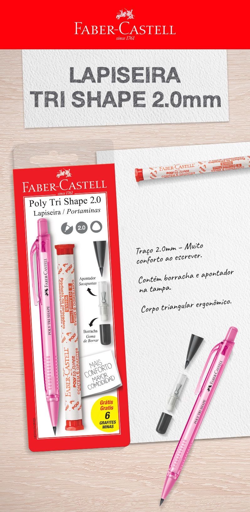 Lapiseira 2,0mm poly shape rosa SM20TSCR Faber Castell