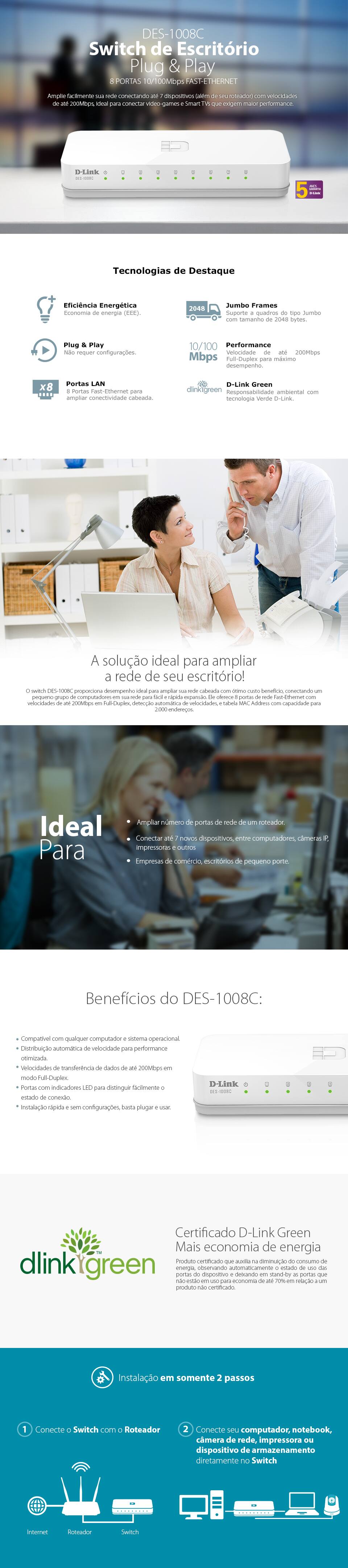 Switch 8 portas 10/100 Mbps n&atilde;o gerenci&aacute;vel DES-1008C D Link