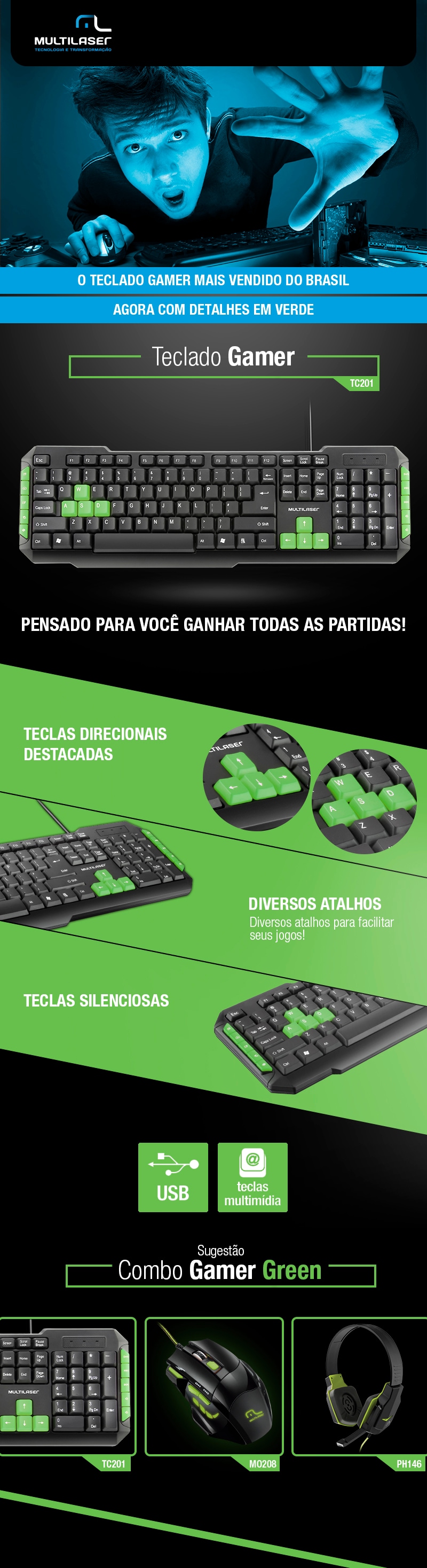 Teclado USB Gamer teclas verdes TC201 Multilaser