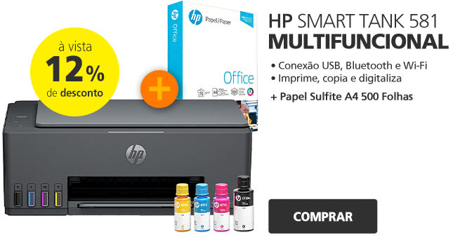 Impressora Multifuncional HP Smart Tank 581, Colorida, Wi-fi, Conexão USB, Bivolt + Papel Sulfite A4 HP Office