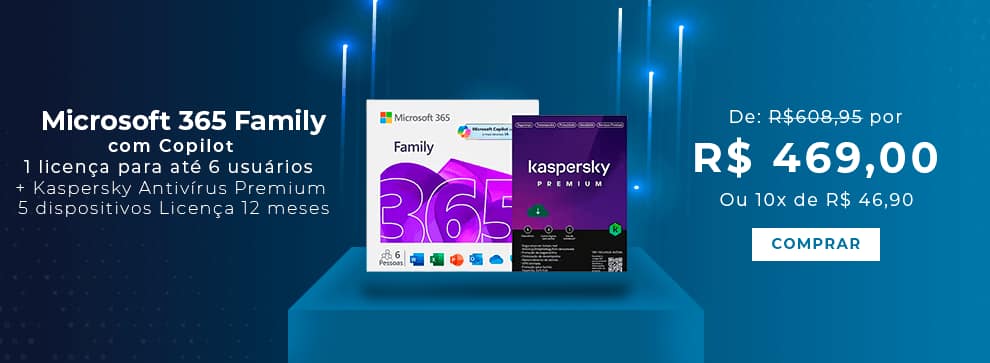 Microsoft 365 Family com Copilot: 1 licença para até 6 usuários Assinatura 12 meses e Kaspersky Antivírus Premium para 5 dispositivos Licença 12 meses - Digital para DOWNLOAD - 1 UN