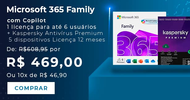 Microsoft 365 Family com Copilot: 1 licença para até 6 usuários Assinatura 12 meses e Kaspersky Antivírus Premium para 5 dispositivos Licença 12 meses - Digital para DOWNLOAD - 1 UN