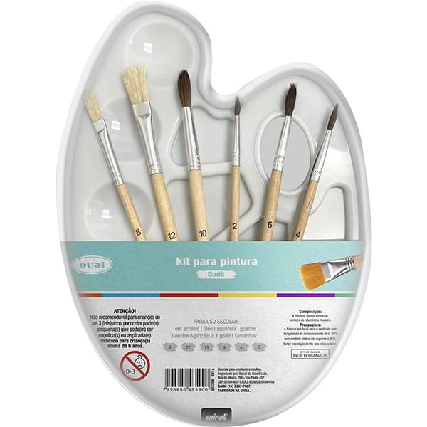 Kit para pintura com 6 pincéis de madeira e 1 godê plástico, Oval - BT 7 UN