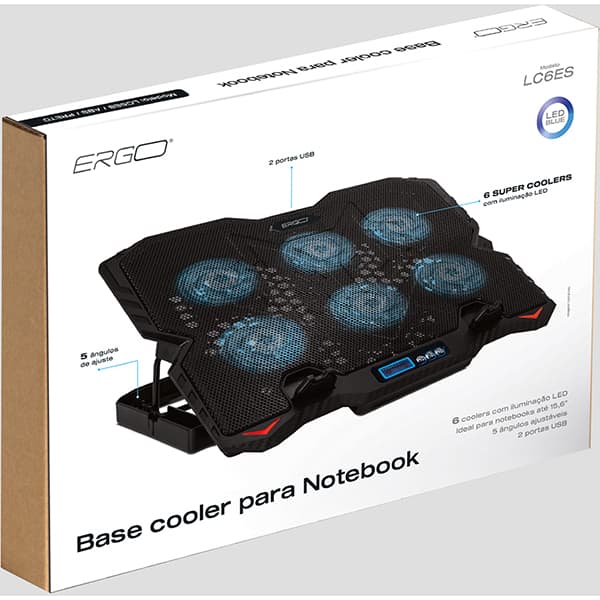 Base para notebook com ajuste de altura, 6 coolers, USB, LC6ES, Ergo - CX 1 UN