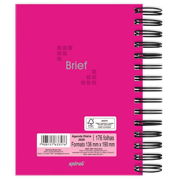 Agenda diária 2026, Brief Case, 176 folhas, Rosa, 2633576, Spiral Brf - PT 1 UN