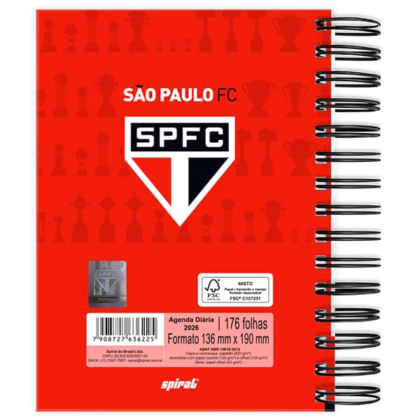Agenda diária 2026, São Paulo FC, 176 folhas, 2636225, Spiral SPFC - PT 1 UN