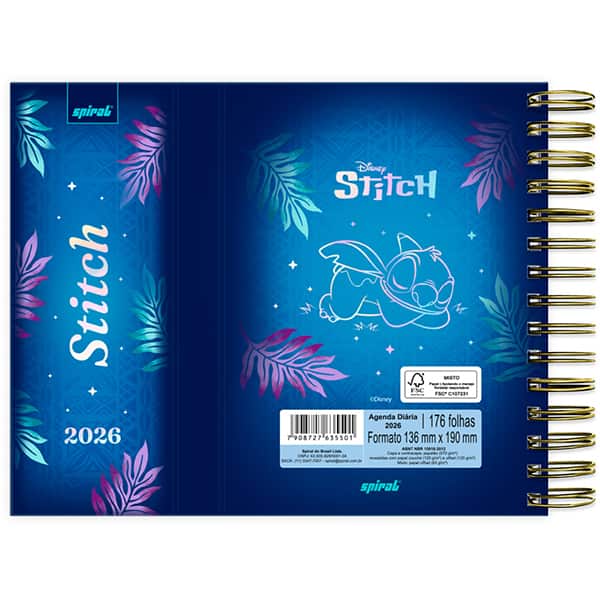 Agenda diária dobrável com imã 2026, Stitch, 176 folhas, 2635501, Spiral Ds - PT 1 UN