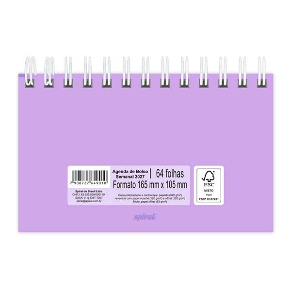 Agenda de bolso semanal espiral, 64 folhas, 2027, Lilás, 2749010, Spiral Soothing - PT 1 UN