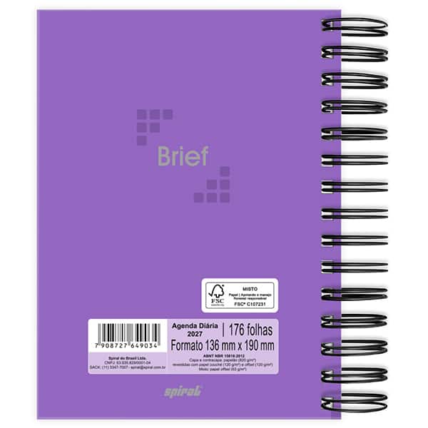 Agenda diária 2027 Brief, 176 folhas, Lilás, 2749034, Spiral Brf - PT 1 UN