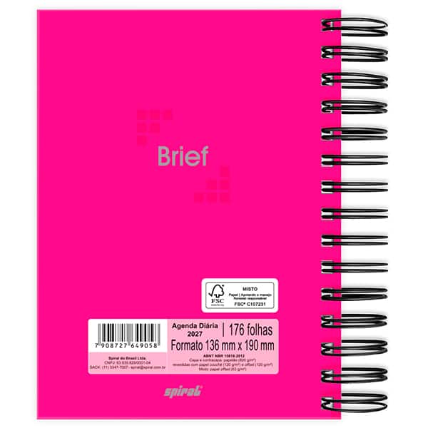 Agenda diária 2027 Brief, 176 folhas, Rosa, 2749058, Spiral Brf - PT 1 UN