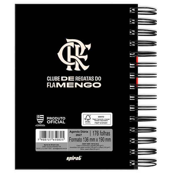 Agenda Diária 2027, Flamengo F.C, 176 folhas, Capa Dura, 2750825, Spiral Fla - PT 1 UN