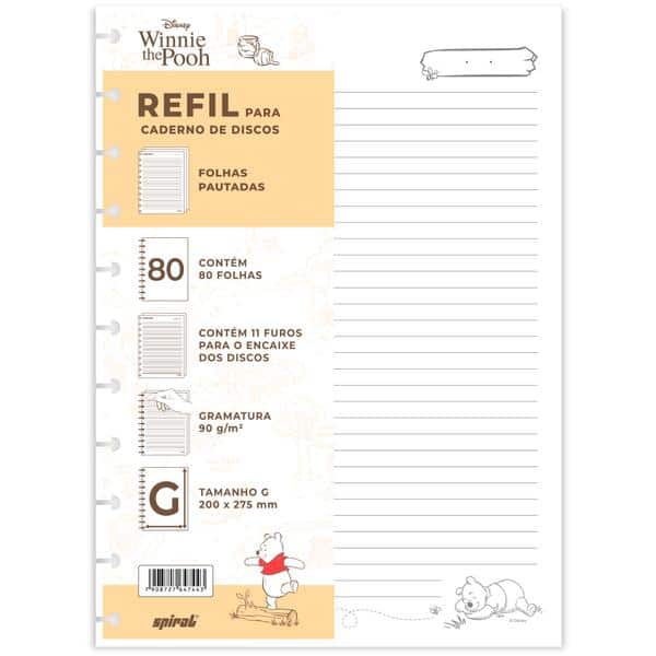 Refil para Caderno de Disco Tamanho G (200×275 mm) com 80 Folhas Pautadas, Ursinho Pooh, Gramatura 90g, 2647443, Spiral Pooh - PT 1 UN