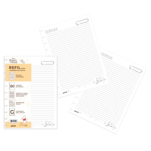 Refil para Caderno de Disco Tamanho G (200×275 mm) com 80 Folhas Pautadas, Ursinho Pooh, Gramatura 90g, 2647443, Spiral Pooh - PT 1 UN