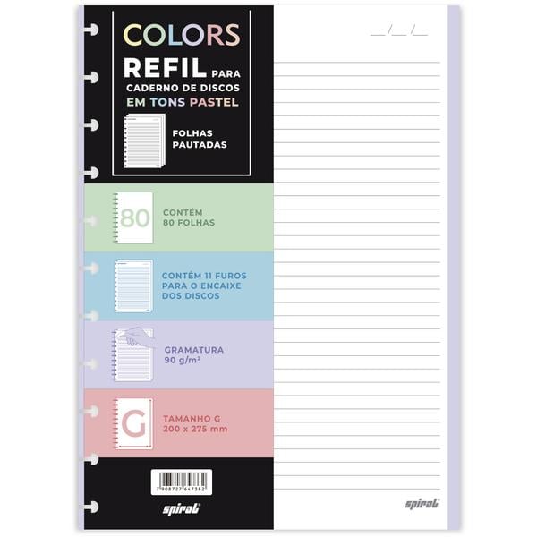 Refil para Caderno de Disco Tamanho G (200×275 mm) com 80 Folhas Pautadas, Colors, Tons Pastel, Gramatura 90g, 2647023, Spiral - PT 1 UN Refil para Caderno de Disco Tamanho G (200×275 mm) com 80 Folhas Pautadas, Colors, Tons Pastel, Gramatura 90g, 2647023, Spiral - PT 1 UN